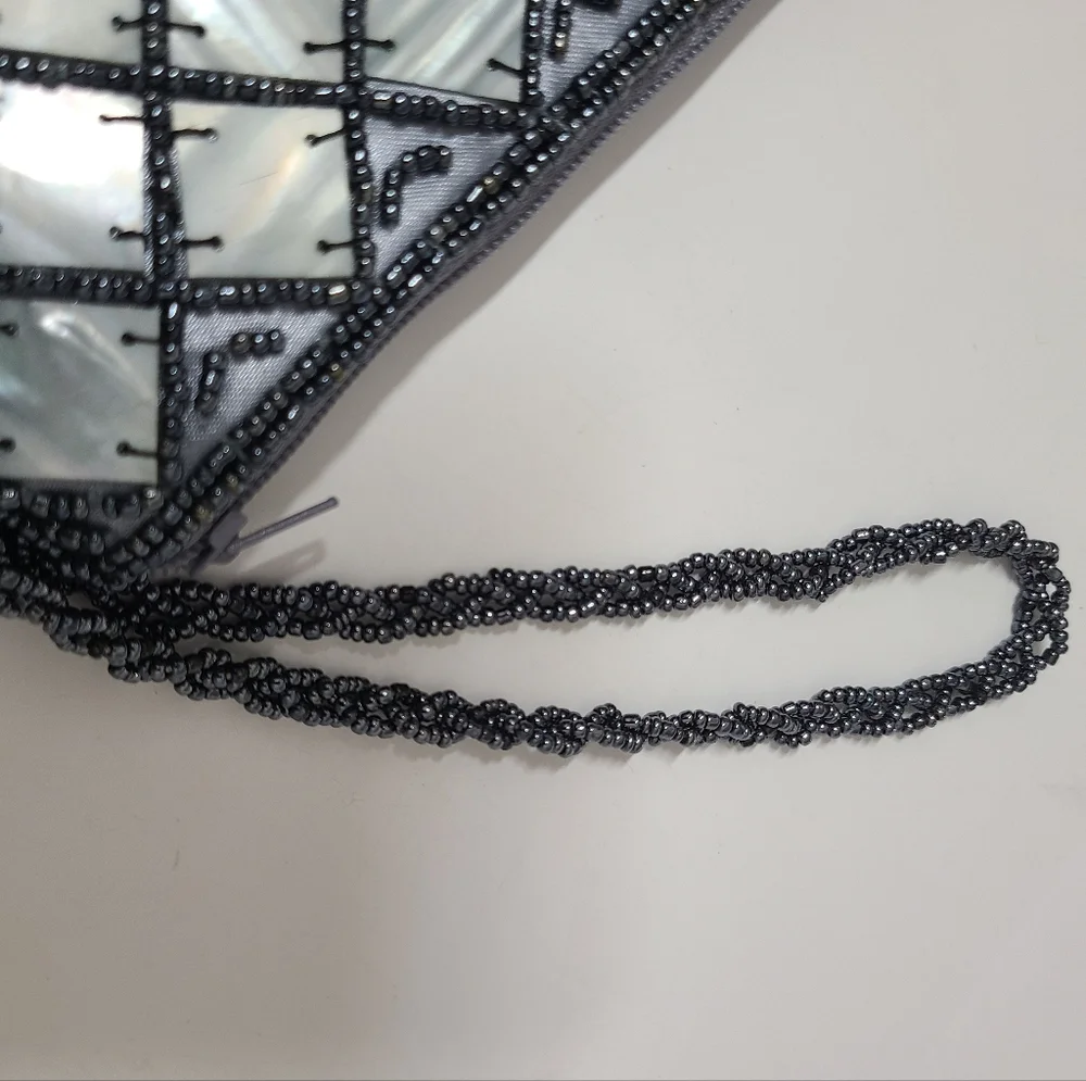 MAD BAGS Spun Silk Zip Top Wristlet With Mother-of-Pearl/Beaded Accents